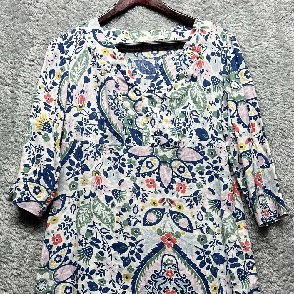 Boden Dress Womens Petite 8P Floral Paisley Jessa Linen Tunic 3/4 Sleeve V Neck - Picture 3 of 12